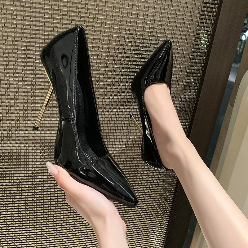 Ultra-fine Steel Needle Women's High Heels Auto Show Metal Heels and Singles Temperament Pointed Toe Black Singles Women 2025