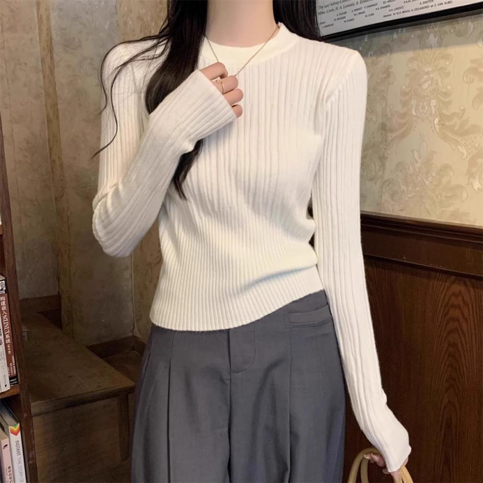 Round Neck Sweaters Knitted Sweater for Women Autumn Winter Basic Pullovers Slim Fit Waist Cinching Short Pullover