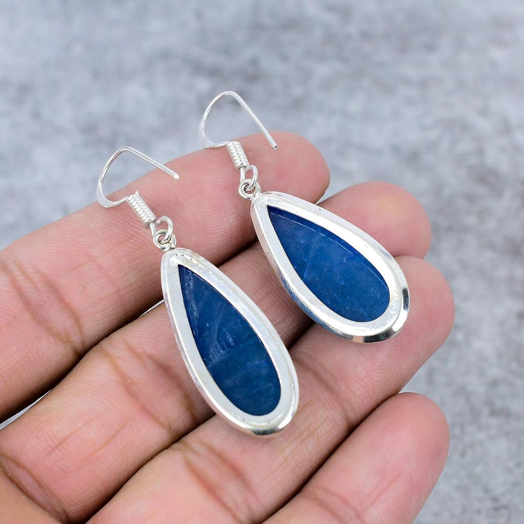 Blue Jade Gemstone Handmade 925 Sterling Silver Jewelry Earring 2.36" M-355