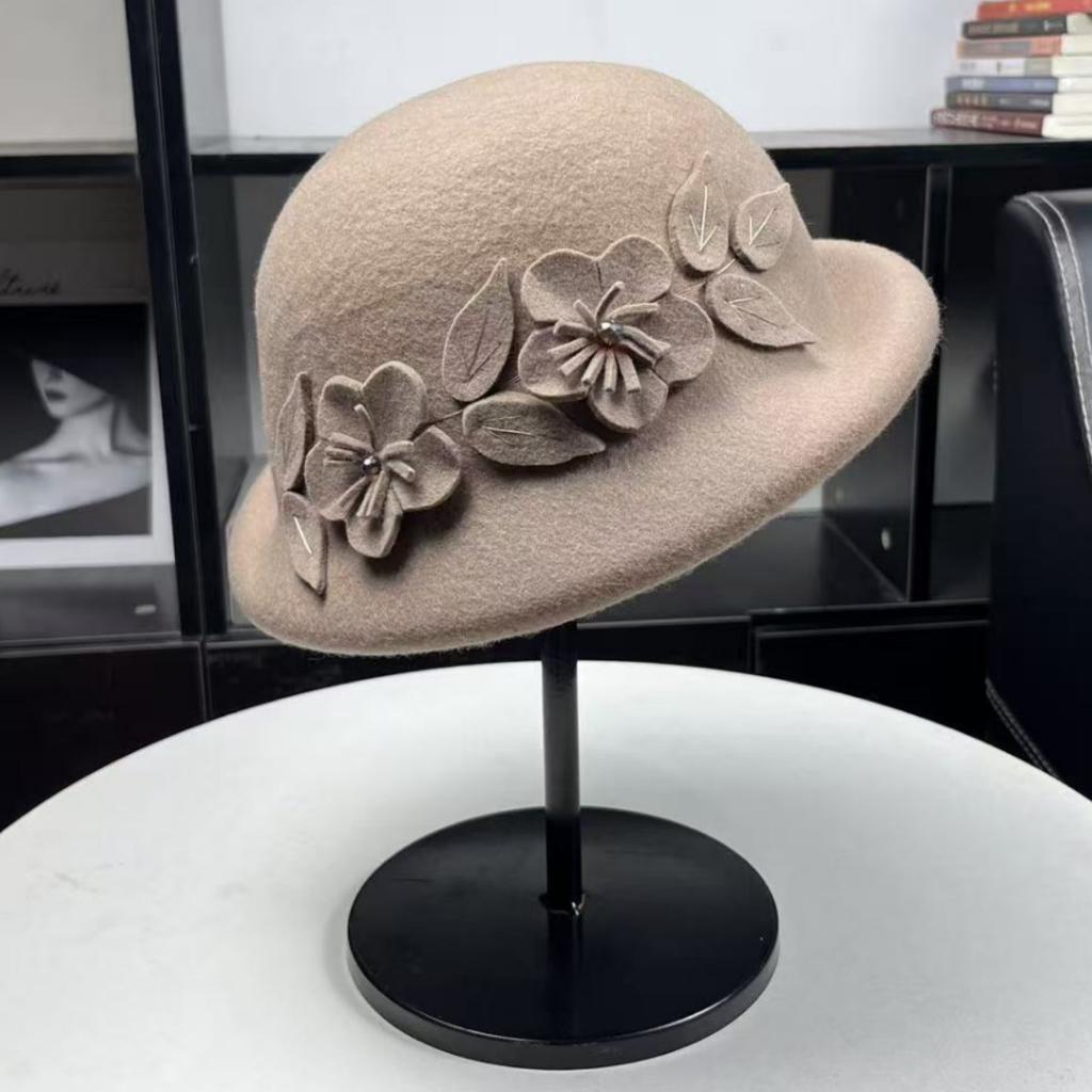 Sweet Light Luxury Trendy Top Hat Retro Flower Wool Pot Hat Fashion Warped Beret Autumn and Winter Warm Pot Hat Women