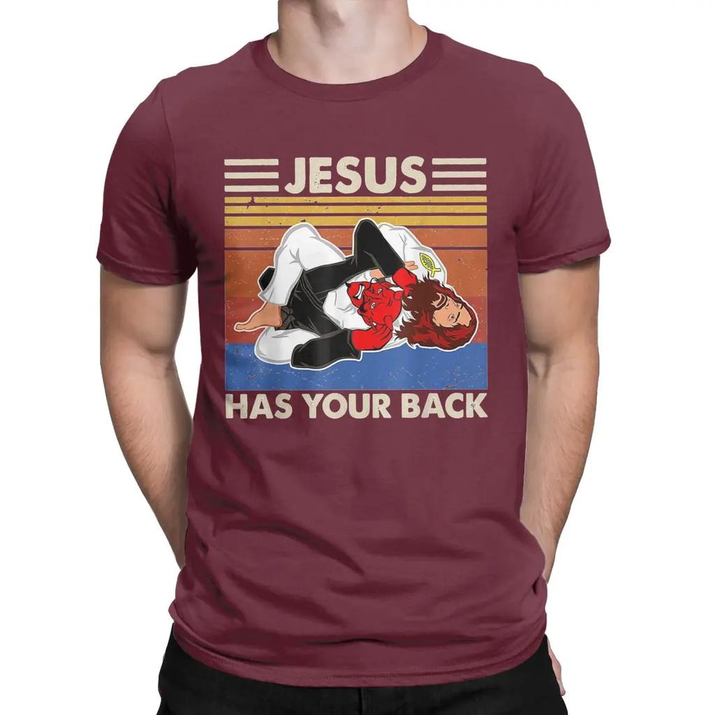 Men Jiu Jitsu Jesus Has Your Back M.M.A Brazilian T Shirts 100% Cotton Tops Vintage Short Sleeve Crew Neck Tees Party T-Shirt