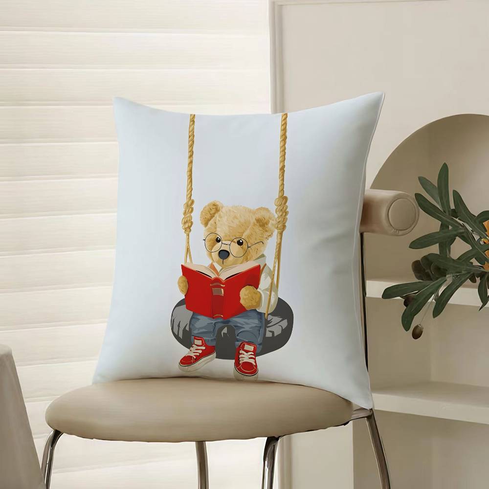 Childish-hearted And Friends Teddy Bear-B Pillow Case Comfort Sofa Bed Silky Elegant Invisible Zipper Decorative Cushion Cover