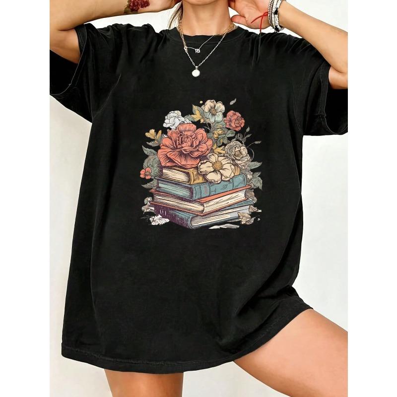 Black Oversized T Shirt With Stack Of Books And Flowers Print For Casual Wear And Reading Lovers