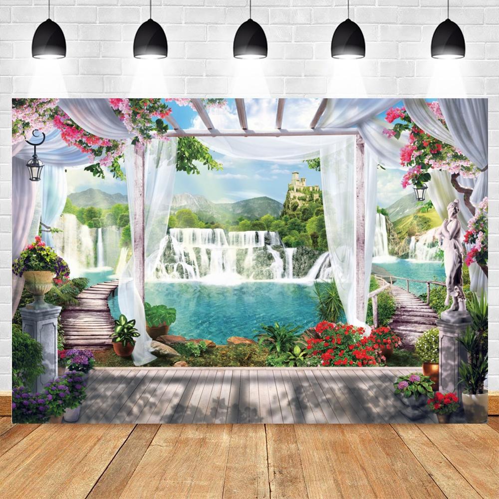 Summer Seaside Tropical Beach Balcony View Backdrop Palm Trees Mountain Wedding Party Portrait Photography Background Photo Prop