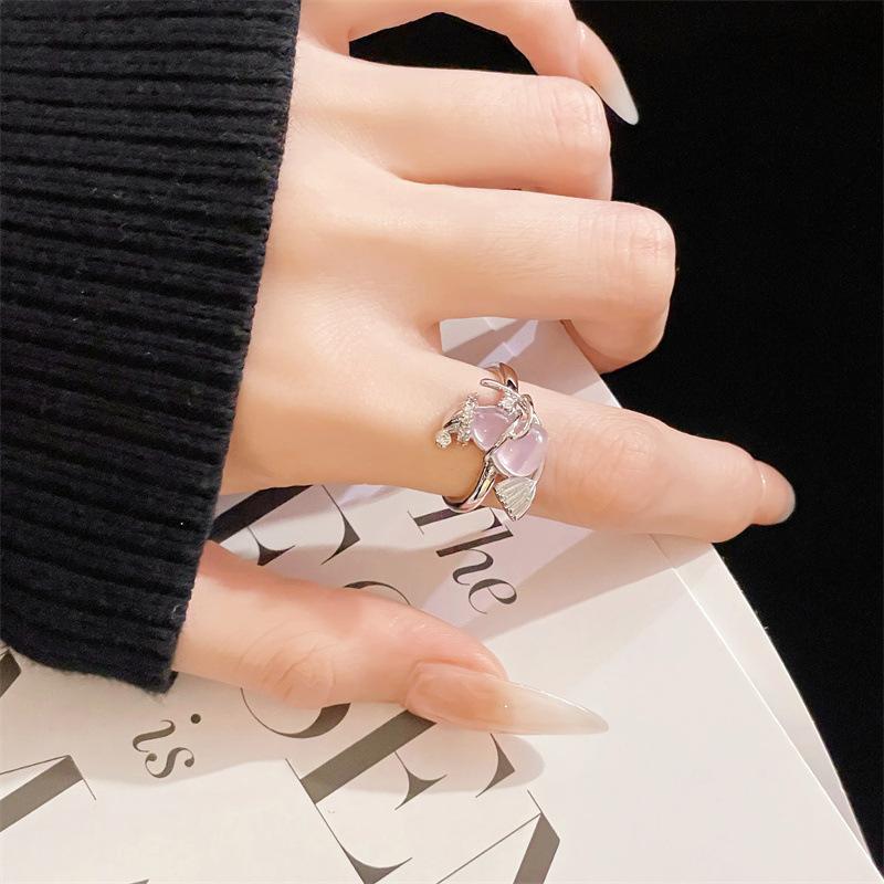 Violet Imitation Jade Gourd Open Ring With Diamonds Niche Design Light Luxury Unique High-End Sense Retro Ring Women