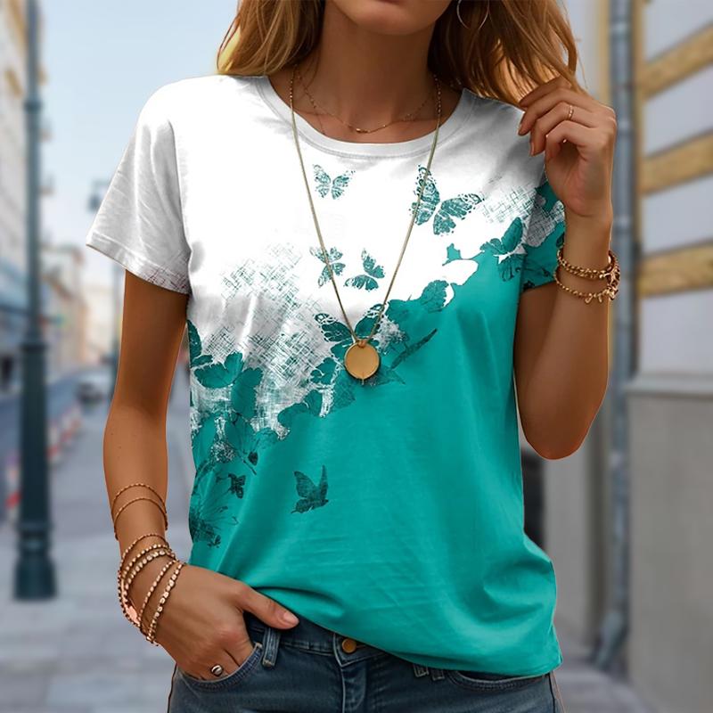 Damer Sommer T-skjorte Sommerfugl Retro Mote Kortermet T-skjorter Casual Trykte Topper