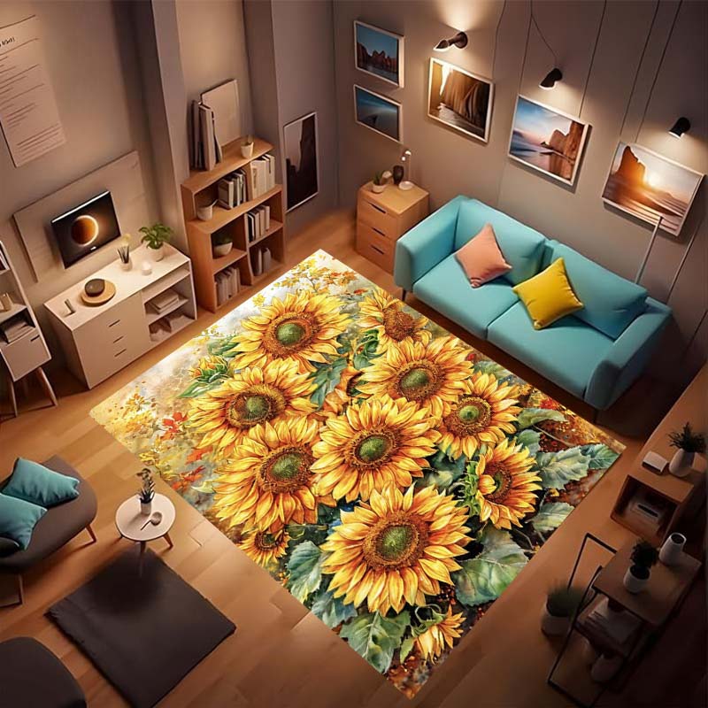 Customizable sunflower pattern non-slip rug, soft flannel, washable, non-slip backing, suitable for living rooms, bedrooms, bath