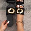 1 Pair Women'S Fashion Slide Sandals, Geometric Golden Accent, Casual Comfort Slip-On Black Slides with Soft EVA Sole, Indoor/Outdoor Low Heel