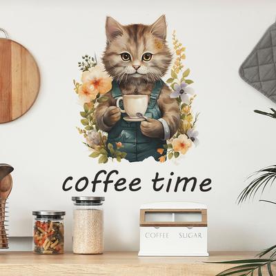 Catone Cat Coffee Time Cafe Sfondo Atmosfera Adesivi Murali Decorativi