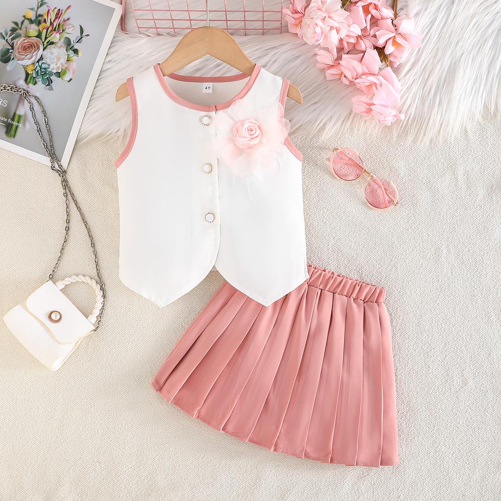 2PCS Girls Floral Applique Sleeveless Vest & Pleated Skirt Set, Casual Summer Two-Piece Outfit