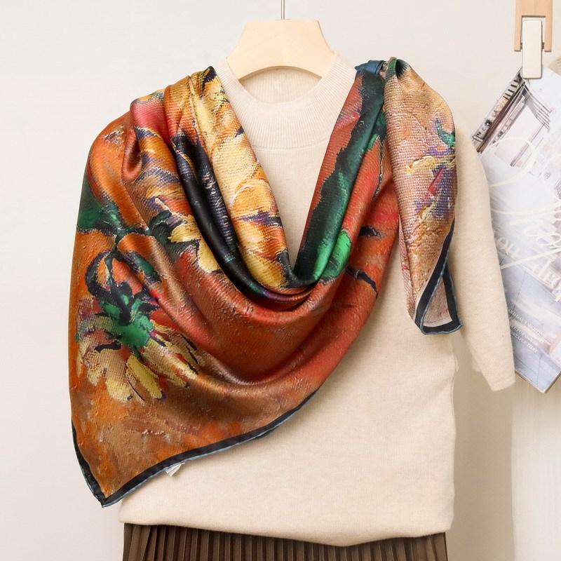 Oil painting print sunflower silk 100% mulberry silk plain crepe satin scarf silk scarf 110cm large square scarf shawl women