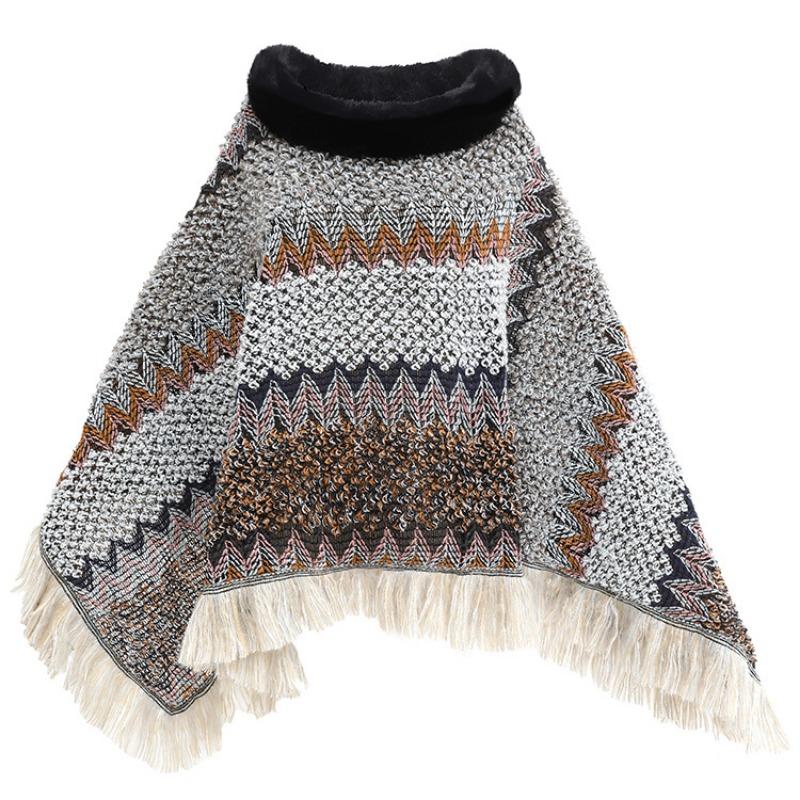 Color Ethnic Style Pullover Cape Women's Fur Collar Women's Knitted Cape Warm Autumn and Winter Shawl