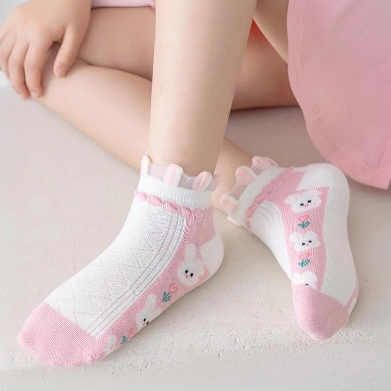 Children's Mid-Calf Socks 5 Pairs Cute Rabbit Floral Design Lace Edge Soft Elastic Socks for Toddler Girls All Seasons