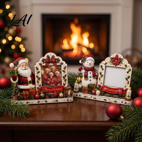 Poplar Wood Photo Frame Christmas 2D Wooden Picture Frame Painted Snowman Santa Xmas Rustic Tabletop Decoration Decor Keepsake Ornament Holiday