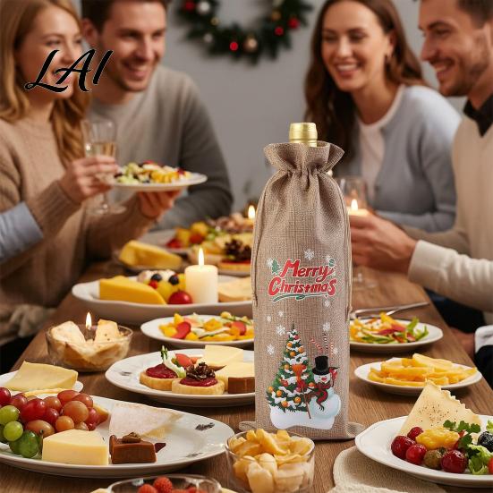 Imitation Linen Wine Pouches Christmas Bottle Bag Vintage Drawstring Sleeve Reusable Faux Holiday Party Packaging Cover Clothes for New Year Wedding