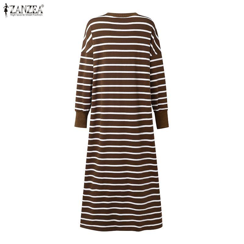 ZANZEA Women Muslim Casual Stripe Print Loose Long Sleeve Dress