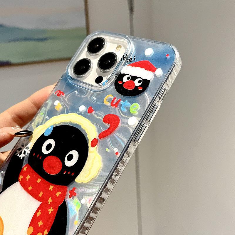 Cute Penguin Water Corrugated Hard Shell Applicable To Apple 16 Mobile Phone Case IPhone 15 Protective Case 14 13 Large Hole Model