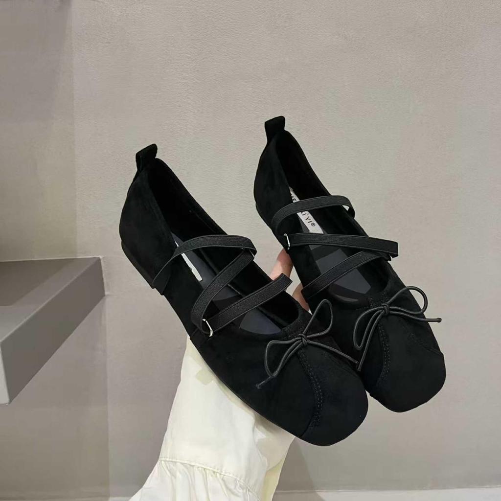 Wanwanfeng 2025 Zamszowe Baleriny z Kwadratowym Noskiem i Skrzyżowanymi Paskami z Kokardką dla Kobiet