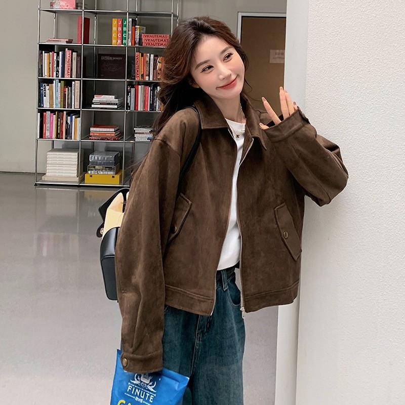 Womens Faux Suede Short Jacket Loose Fit Casual Chic Vintage Style Fall Outerwear Brown