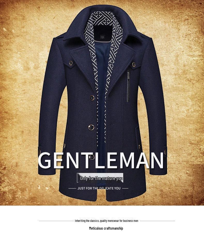 Men's Woolen Scarf Collar Overcoat - Autumn/Winter Warmth for Middle-Aged