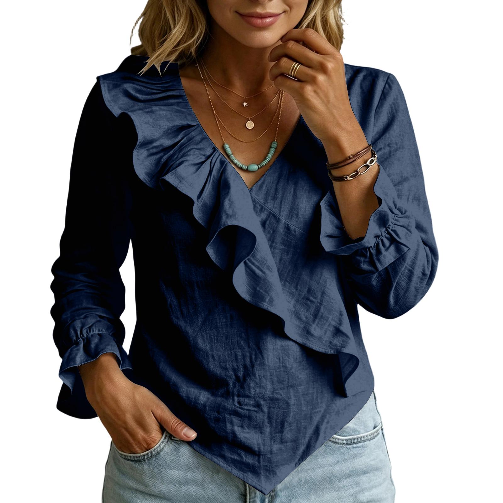 

Womens Spring Tops V Neck Ruffle Long Sleeve Blouse Summer Shirts for Women Casual Lightweight Womens Summer Shirts M Темно-синій