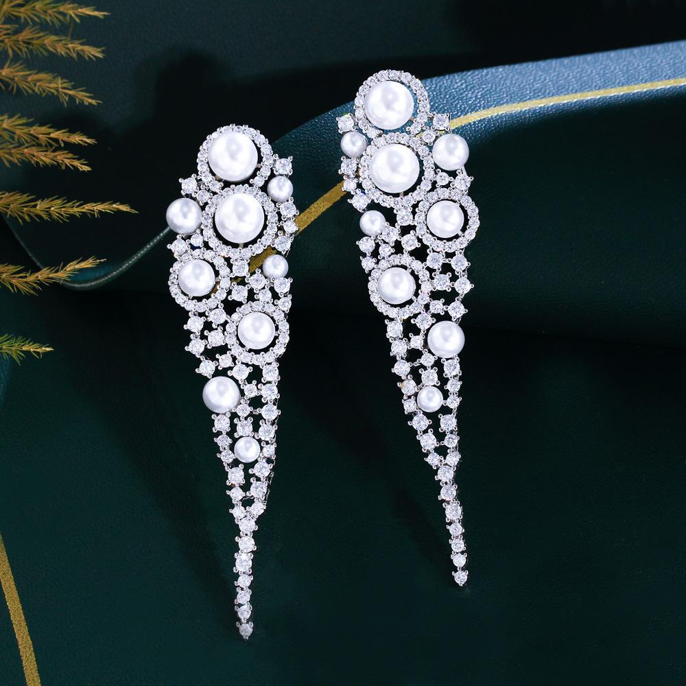 

Needle Temperament Long Pearl Earrings Bridal Hollow Micro Zircon Atmosphere Earrings Earrings