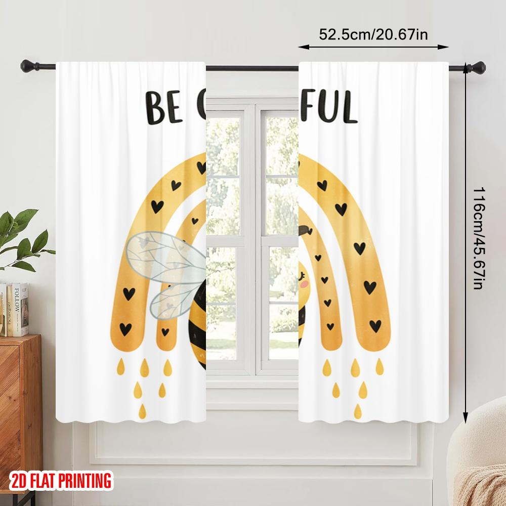 2pcs 2D Flat Printing Window Curtains Cute Bee Rainbow Gratitude Polyester Without Electricity Holiday Decorations Perfect for