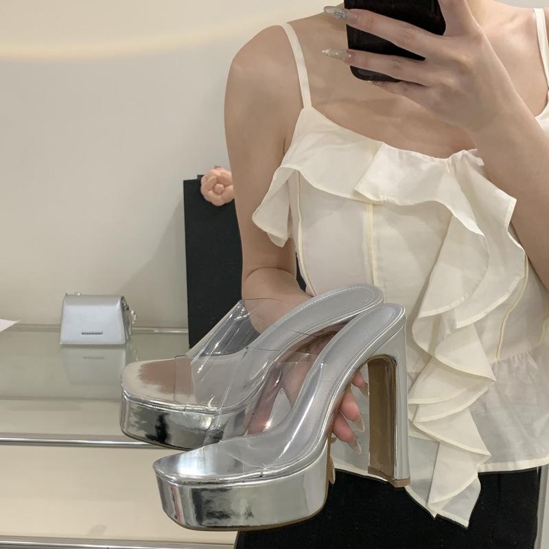 

Носите крутые тапочки вне слова, новые туфли на толстом высоком каблуке с квадратным носком, водонепроницаемые туфли с открытым носком и рыбьим ртом 40 серебряный