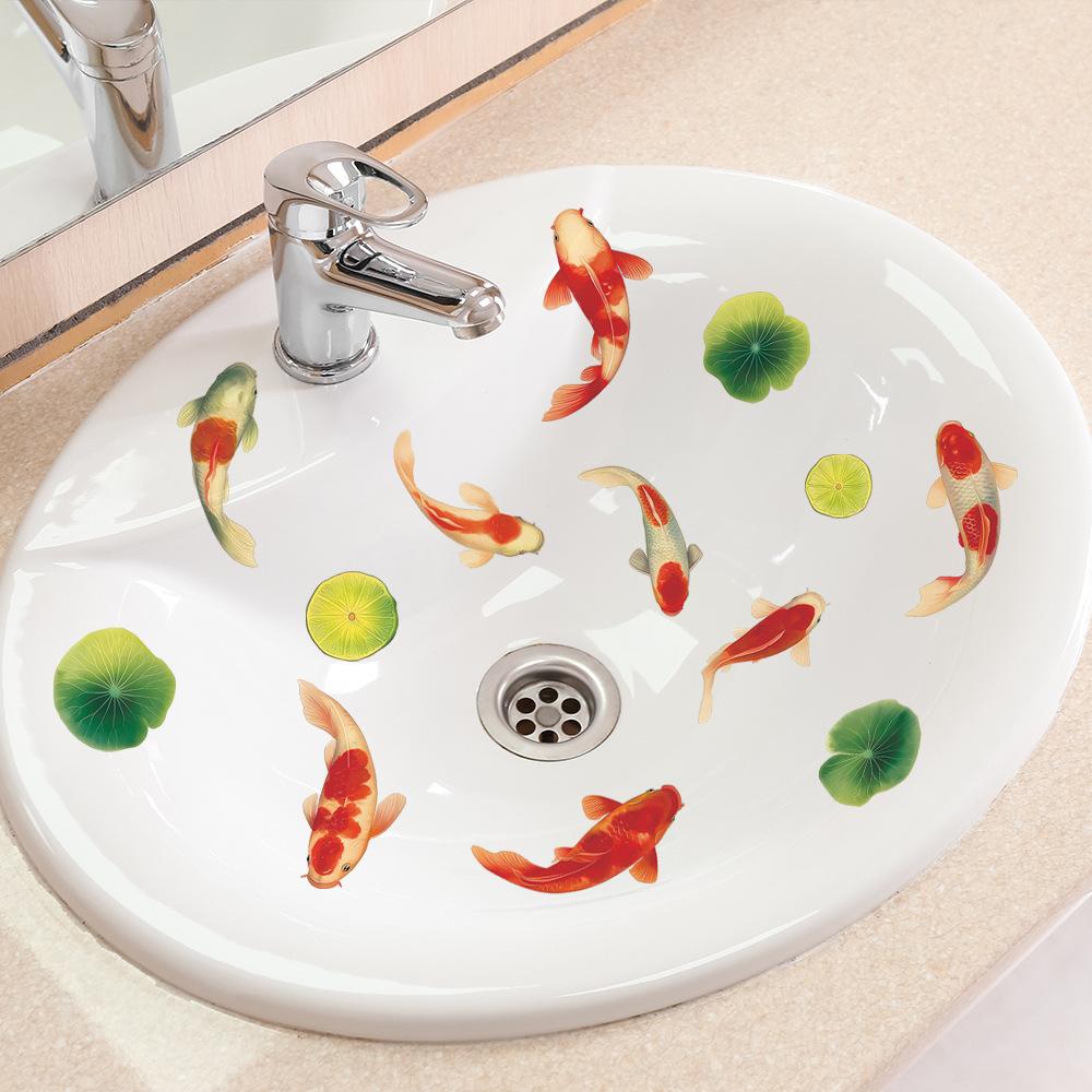 Creative Swimming Koi Lotus Leaf Bathroom Home Decoration and Beautification Stickers