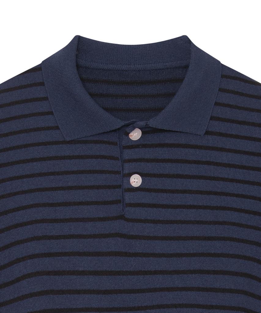 IRONYPORNO WHITELINE 86-Iro358 Color Stripe Button Collar Short Sleeve Knit Deep Navy
