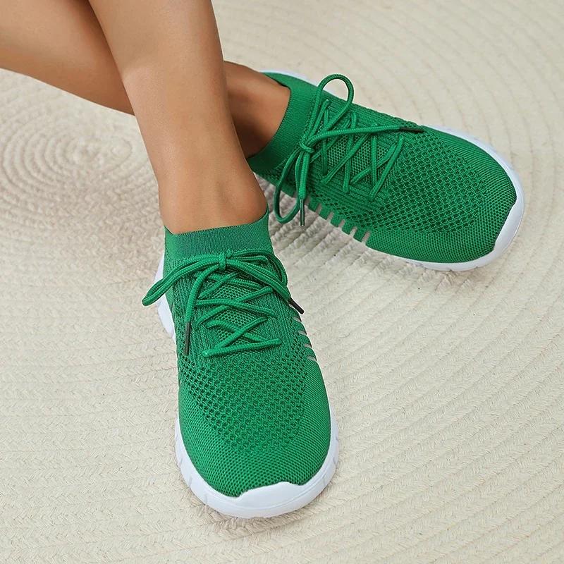 Fashion Spring Summer Breathable Knitted Sneakers Womens Plus Size Soft Sole Flats Shoes Woman Comfort Lace Up Platform Sports Shoes