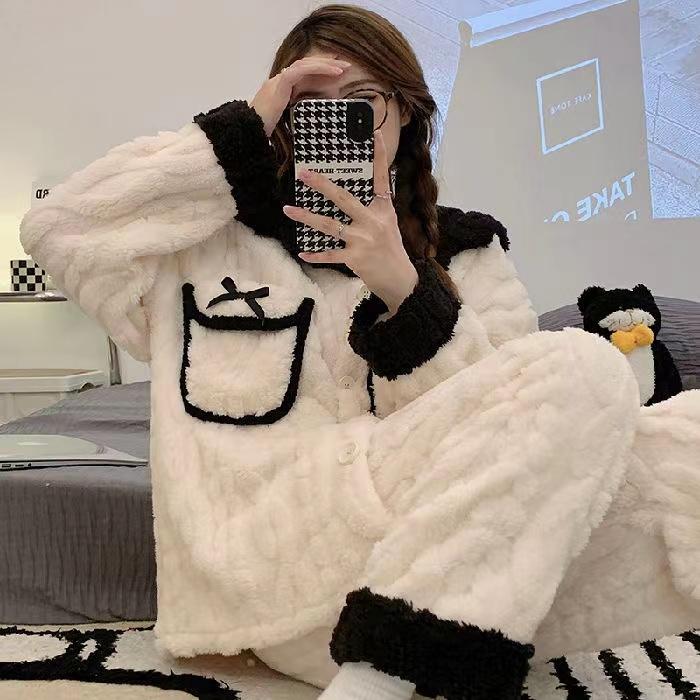 Coral Fleece Pajamas Sets For Women Winter Thick Warm Long-Sleeved Trousers Homewear 2 Pcs/Lot Sleepwear