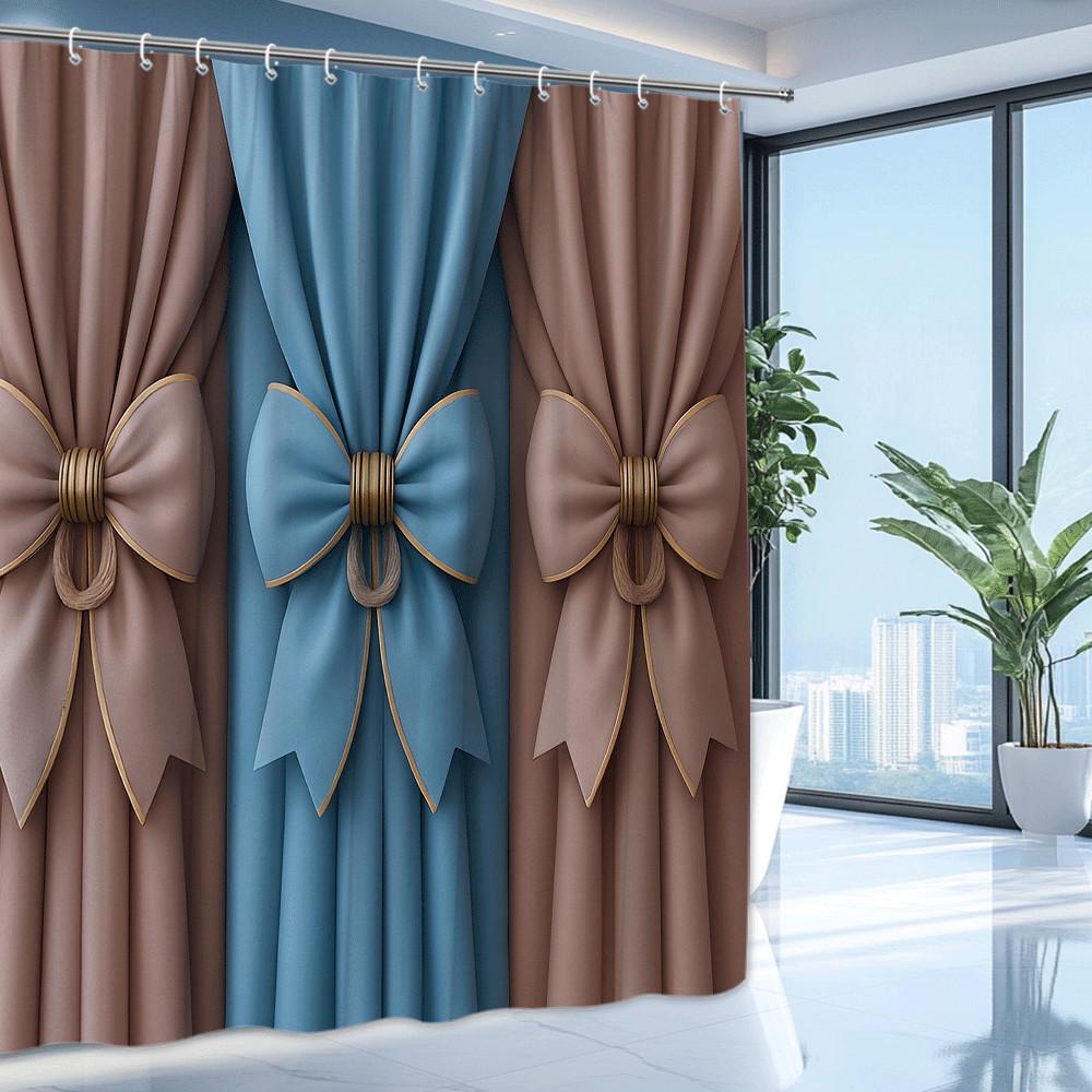Elegant Bow Shower Curtain Pink Blue Velvet Design Luxury Bathroom Decor Fashionable 3D Print Waterproof Free Hooks Included