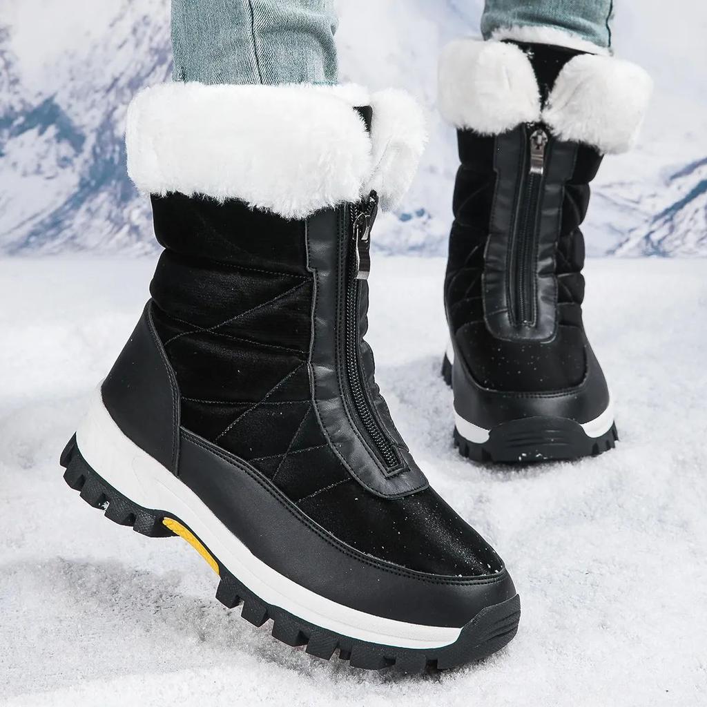 Damen Winter Fleecegefüttert Verdickt Kältebeständig Skistiefel mit Frontreißverschluss Mid-Calf Design