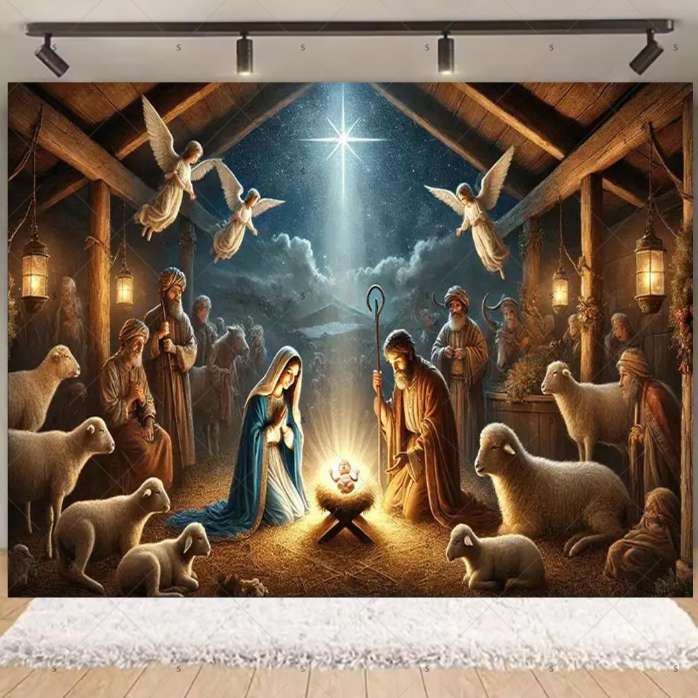 Nativity Scene Background Banner Starry Night Traditional Christmas Religious Jesus Backdrop Supplies Christmas Party Decoration