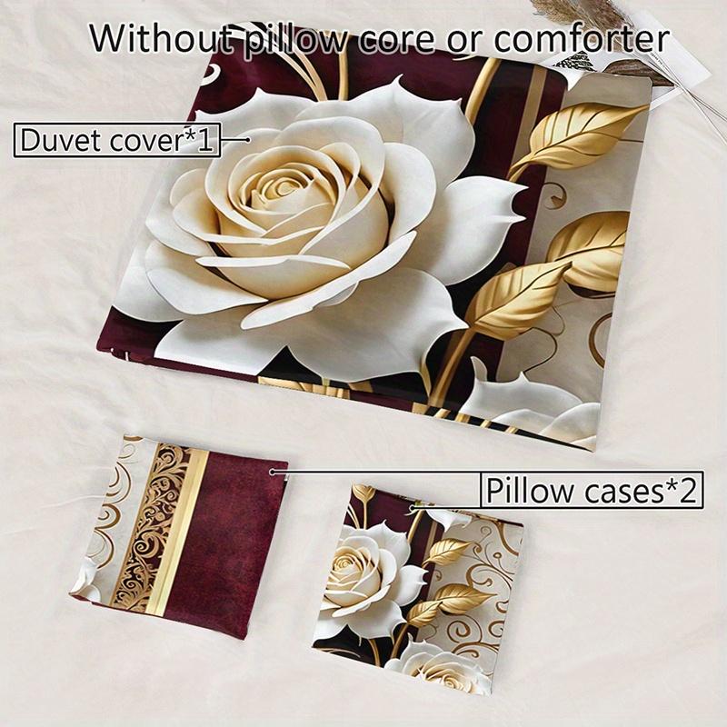 3pcs Elegant Burgundy & Golden Rose Floral Bedding Set - Luxury Soft Brushed Texture Duvet Cover with 2 Pillowcases, All-Season