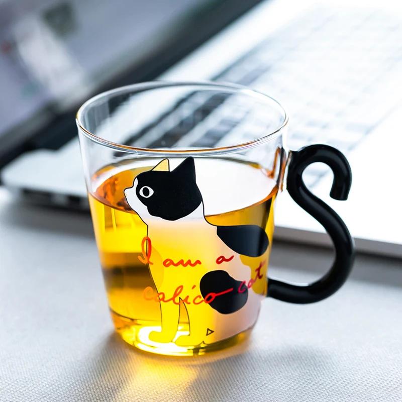 250ml Glass Cup Cartoon Cat Pattern Cup With Handle Milk Cup Breakfast Cup Heat Resistant And Microwaveable