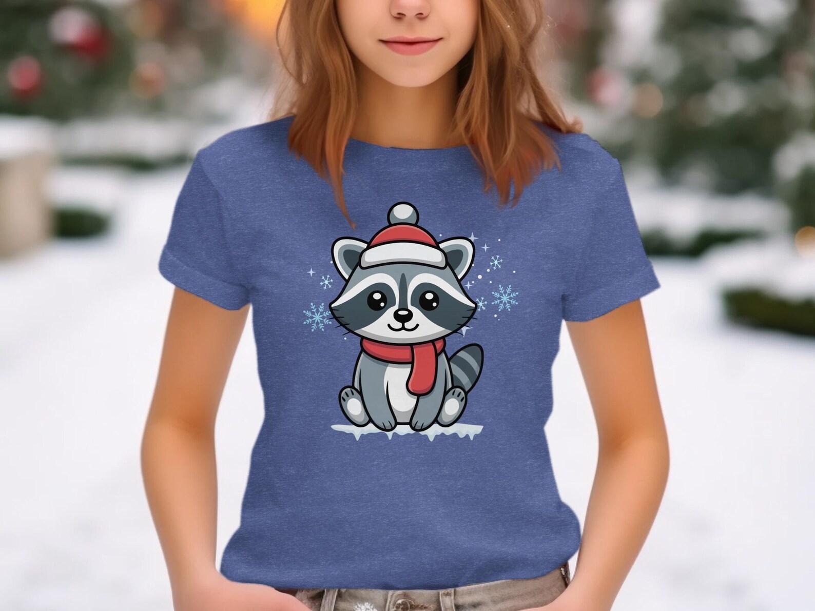 Raccoon Christmas T-Shirt, Snowy Woodland Creature Tee, Winter Animal Shirt XL