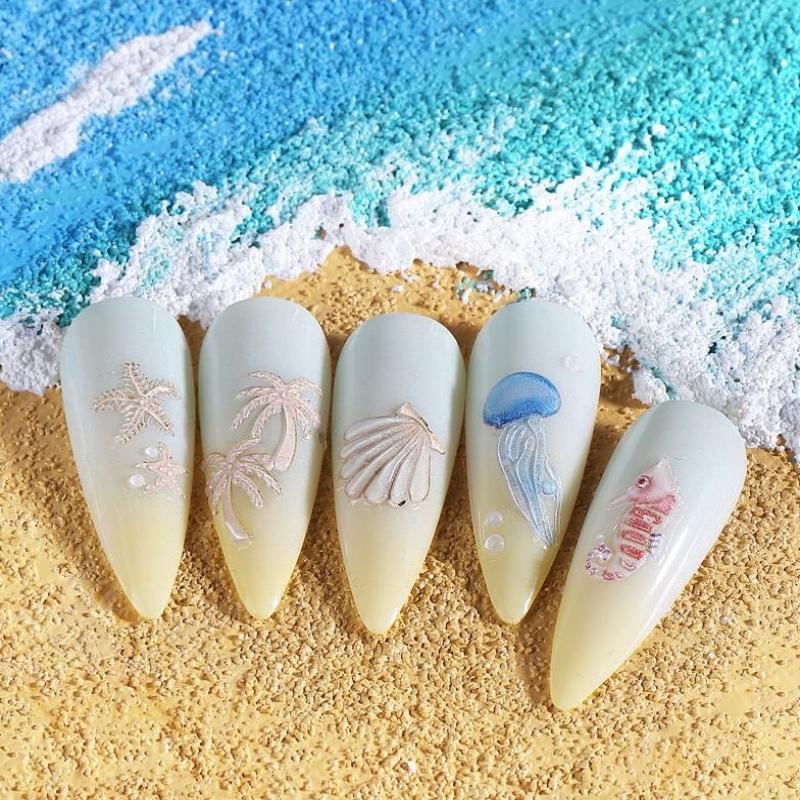 Jellyfish Summer Beach Nail Stickers Colorful Shell Starfish Conch Fish Adhesive Sliders Embossed Decals Manicure Foils Decor