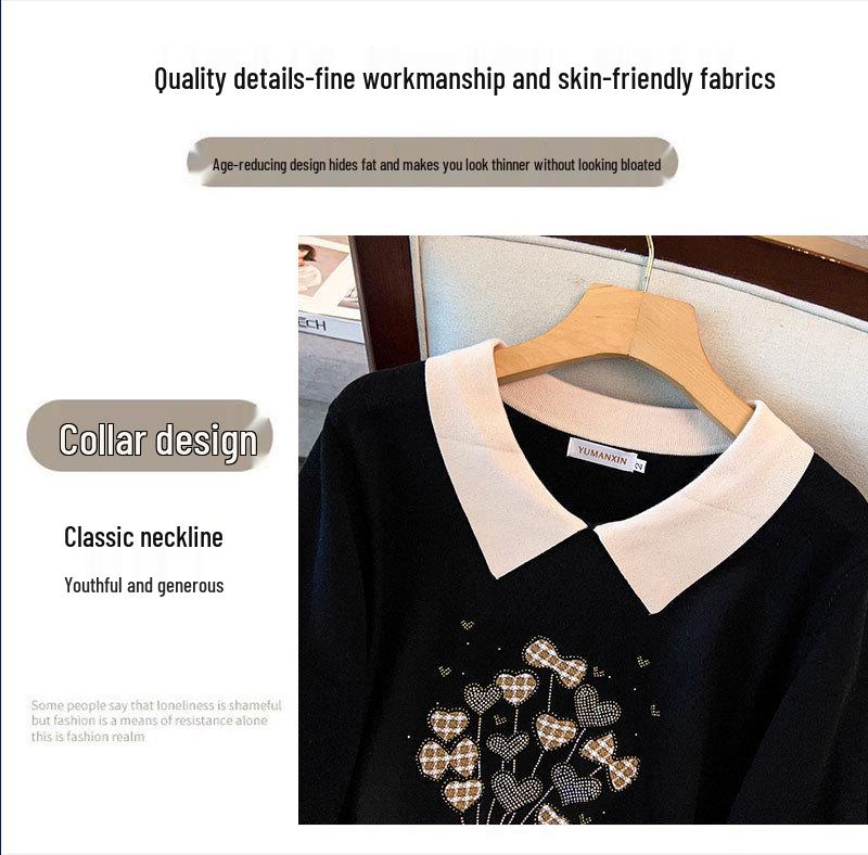 Plus Size Women's Winter Lapel Top - Slimming Long Sleeve Sweater Knitwear for Curvy Girls 200/300 Jin 8026