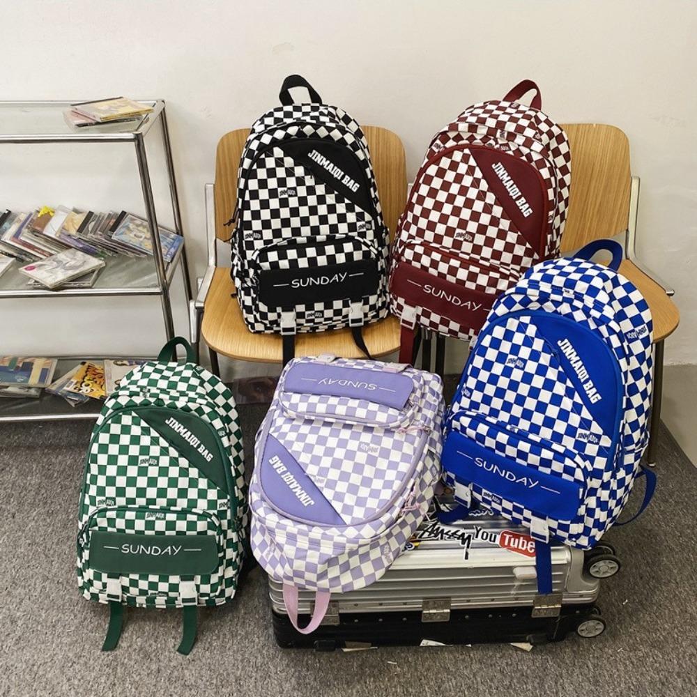 Korean version backpack checkerboard junior and high school students make-up schoolbag large capacity lightweight leisure outdoor travel backpack