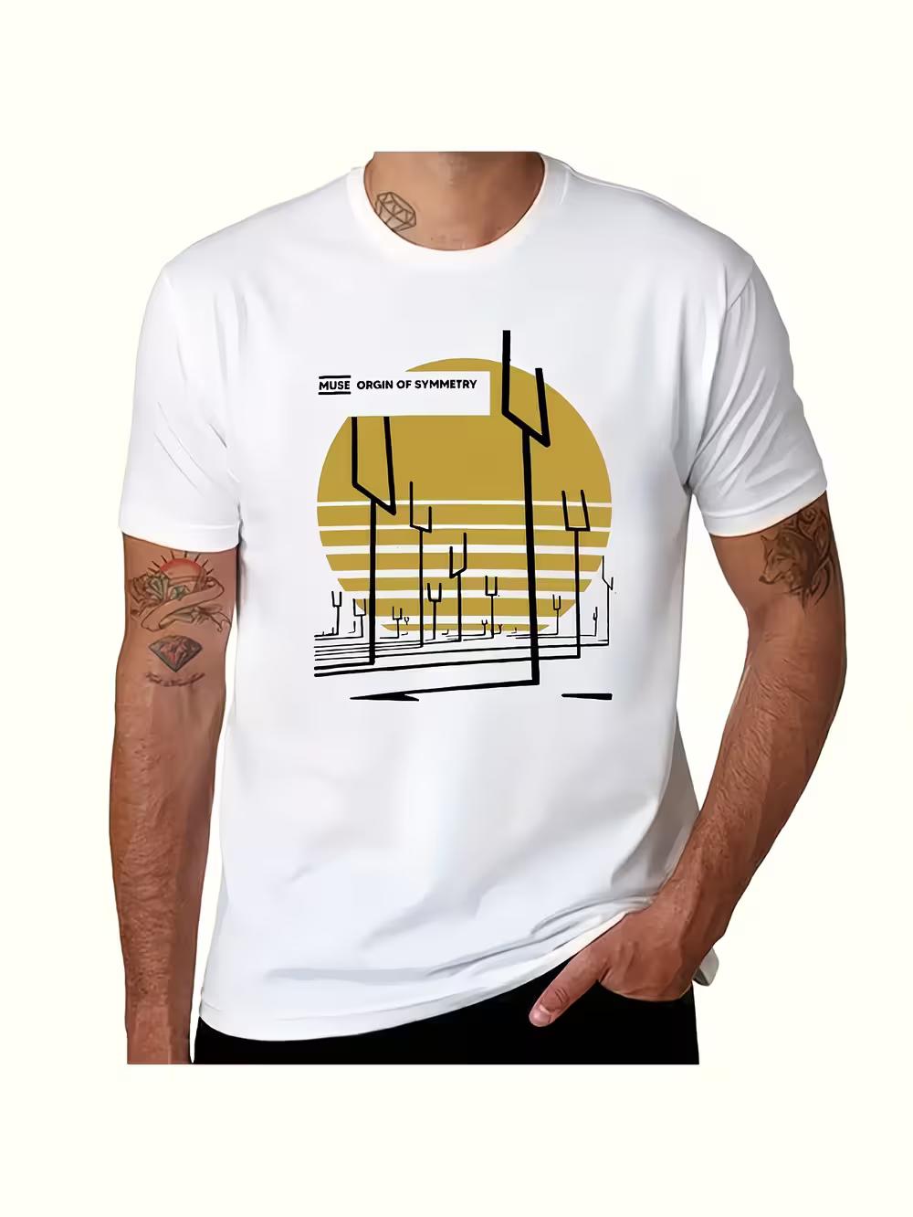 Muse Merch Symmetry Dot & Abstract Tree Print T-Shirt - White with Black & Yellow Geometric Logo-Inspired Design S