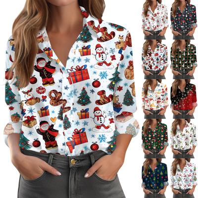 Women's Shirt Blouse Christmas Print Button Long Sleeve Casual Basic Shirt Collar Regular Top