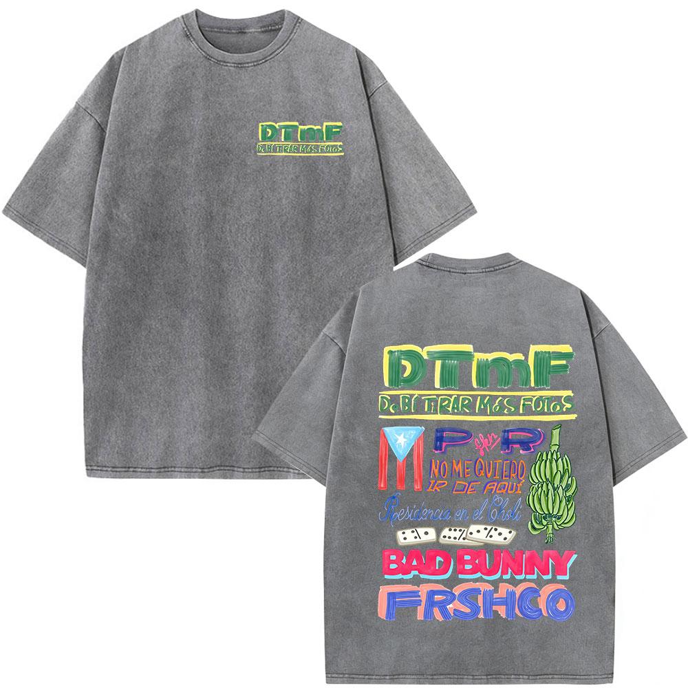 Washed Vintage Rapper Bad Bunny Tshirt Debi Tirar Mas Fotos DTMF World Tour T Shirts Men Women Fashion Hip Hop ONeck Tshirts