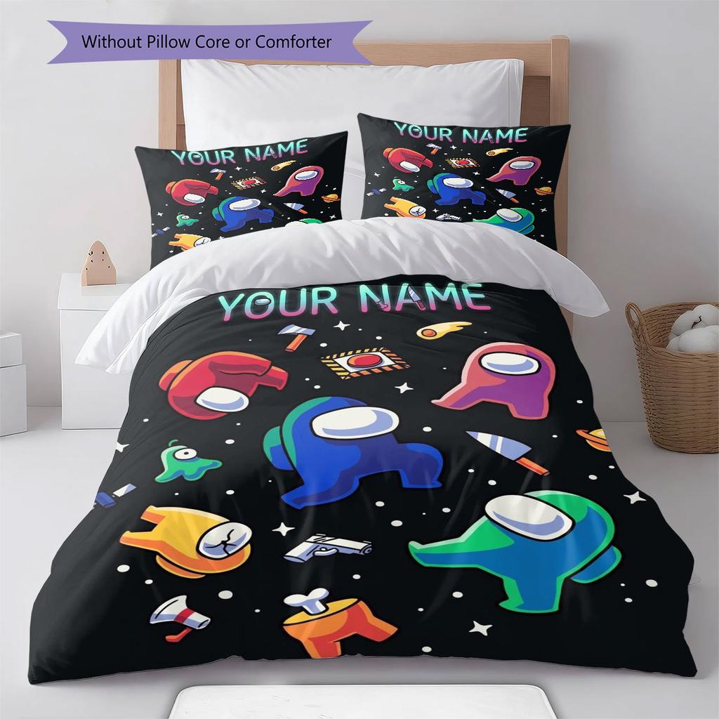 Among Us Custom Name Pattern Bedding,Quilt Set Quilt Cover Pillowcase Home Birthday Gift(1 * Duvet Cover + 2 * Pillowcase, Without Core)