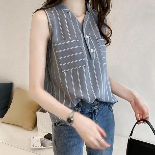 WTEMPO Turn-down Collar Sleeveless Striped Chiffon Shirts Women's Spring Summer Large Size Vest Tops with Buttons and Pockets