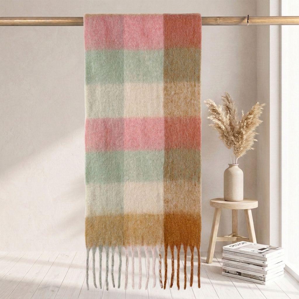 Women's High-Grade Colorful Plaid Mohair Scarf - Thick, Warm, and Versatile for Winter