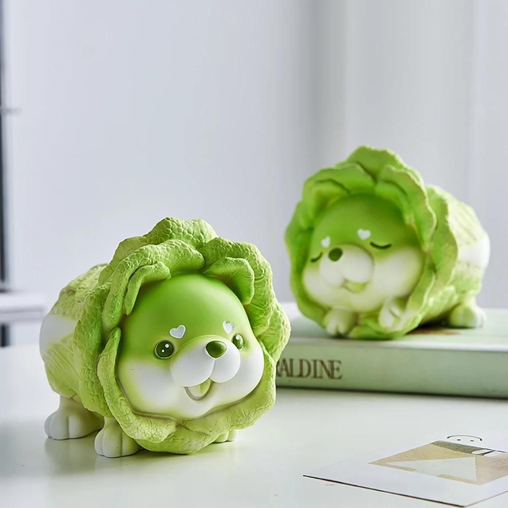 Aesthetic Miniature Cute Resin Vegetable Cabbage Dog Creative Animal Figurines Desktop Car Dashboard Home Decoration Gifts