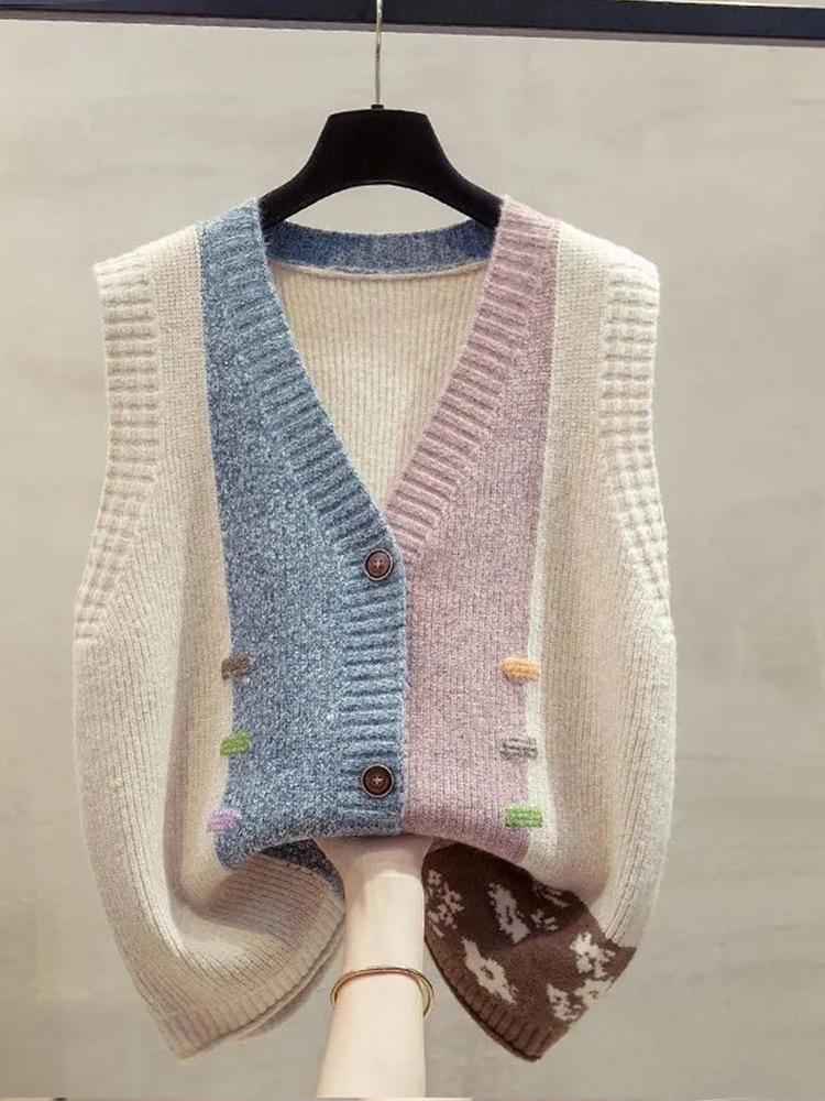 Color-Block V-Neck Knit Cardigan Vest for Women - Autumn/Winter Loose Outerwear Sweater Shawl