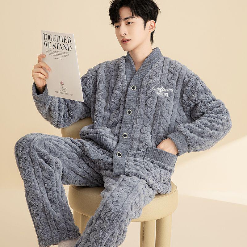 Men's Plus Size Flannel Fleece Home Wear Set - Thickened for Autumn and Winter